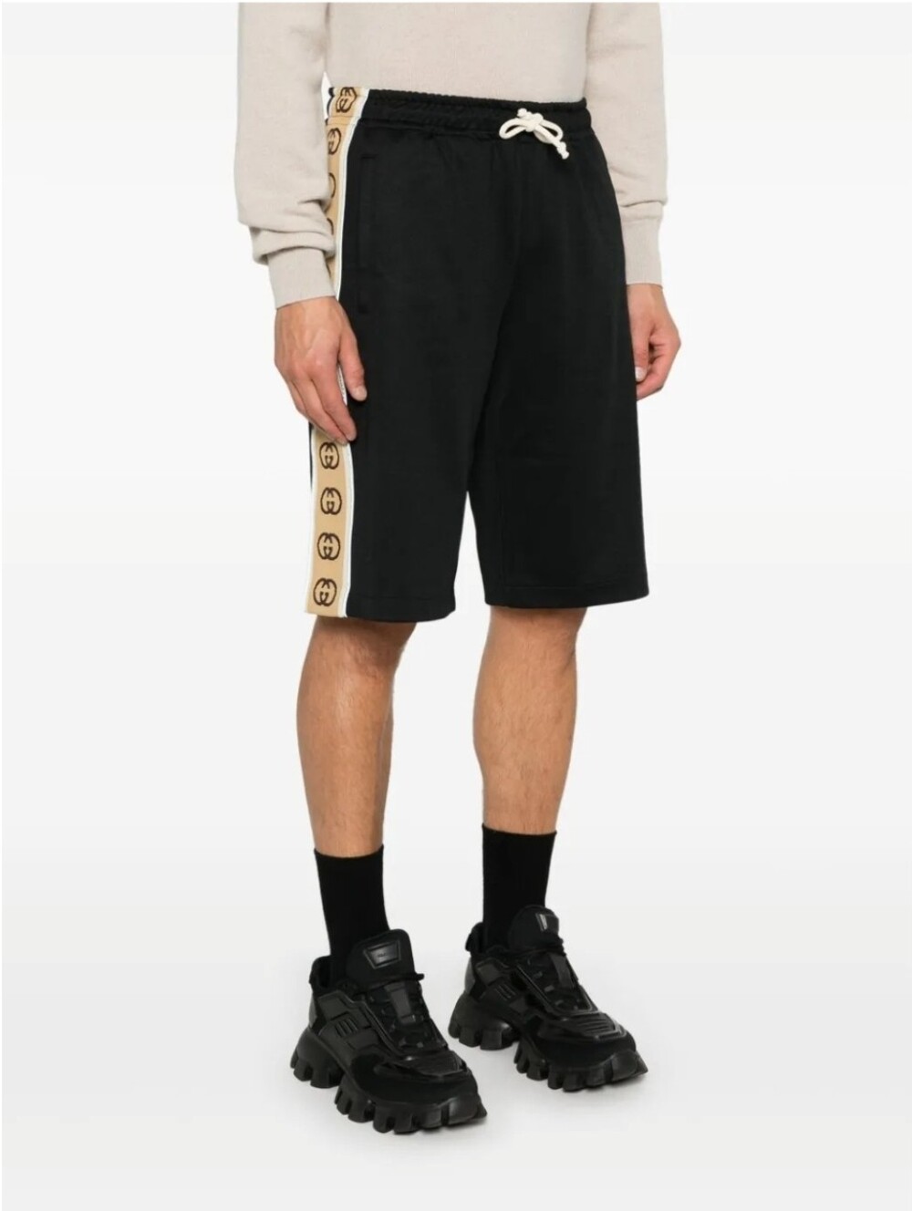Gucci Small Men Technical Jersey Black Shorts Monogram GG Brown Reflective Trim